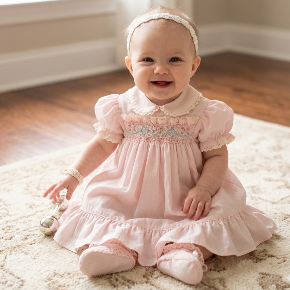 Polly Flinders | Vintage 1980s Pink Smocked Dress Size 6–9 Months